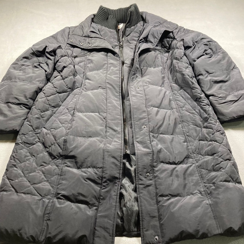 Calvin Klein Puffer Coat Womens Size Large Black Long Quilted Full Zip Snaps - Picture 1 of 8